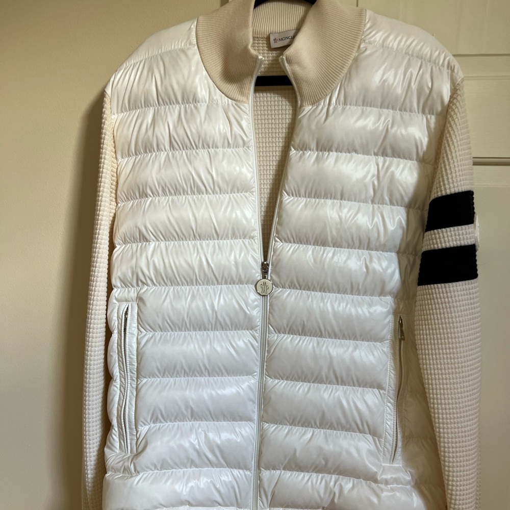 Moncler White and Cream Knit Down filled Sweater jacket
